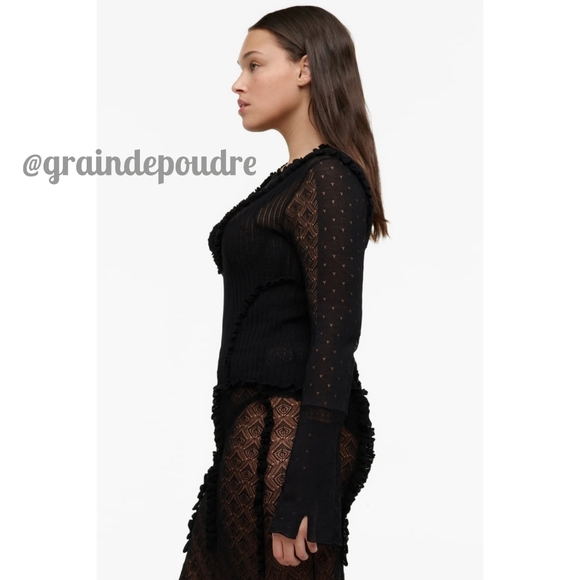 Rare! Zara Limited Edition Black Sheer Pointelle Knit Ruffle Sweater S - Picture 2 of 9